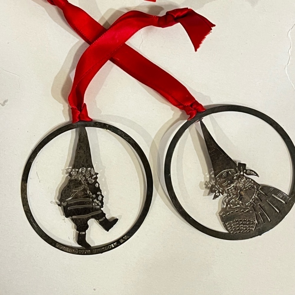 TWO Towle Christmas Ornaments Silver Walking Gnome and Girl Vintage 1979